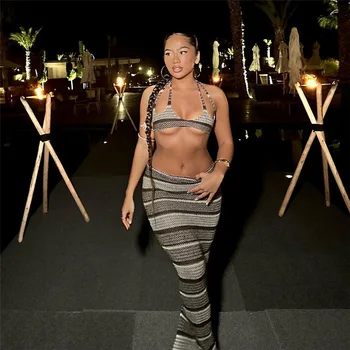 Gtpdpllt Çizgili Örgü Seksi 2 Parça Set Uzun Etek Ve Bikini Halter Üst Kadınlar Tatil Kıyafetler 2023 Yaz Plaj Elbise Setleri
