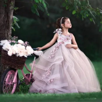 Katmanlı Tül Prenses Kabarık Çiçek Kız Elbise Bebek Düğün Parti Yüksek düşük Çocuk Doğum Günü Önlük İlk Communion Elbise