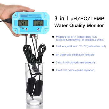3 in 1 pH / EC / sıcaklık Ölçer Su Dedektörü Çok parametreli Dijital LCD Üç Metre Çok fonksiyonlu Su Kalitesi Monitörü Çok Parametreli