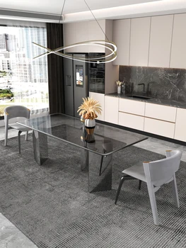 Özel lüks temperli cam yemek masası dikdörtgen yemek masası modern minimalist tasarımcı yemek masası ve sandalye kombinasyonu
