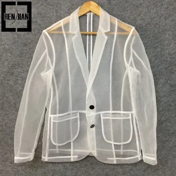 Erkek Moda Tasarımcısı Organze Takım Elbise Şeffaf Blazer Erkek Kişilik See-Through Tops