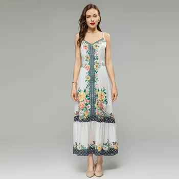 Moda Yaz Kadın Plaj tatil elbisesi Spagetti Kayışı Geri Hollow Out Sequins ve Boncuk Parti Genişleme Baskı Uzun Vestidos