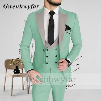 Gwenhwyfar Sis Gri Yaka Erkekler Yüksek Kaliteli Slim Fit Takım Elbise Nane Yeşil Kırmızı Mavi Siyah 2022 Yeni Varış Blazer Pantolon Yelek Kostüm