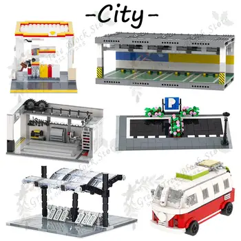 MOC Şehir Serisi Garajlar Sahne Yapı Taşları Kamu Park Araba Tamir Dükkanı Benzin İstasyonu Modeli DIY Montaj Tuğla Oyuncaklar çocuklar İçin