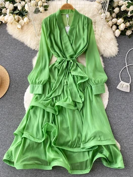 Yeşil V Yaka Ruffles Asimetrik Elbise Kadınlar 2022 İlkbahar Sonbahar Şık Zarif Moda Tatil Parti Akşam Uzun Elbiseler YQ430