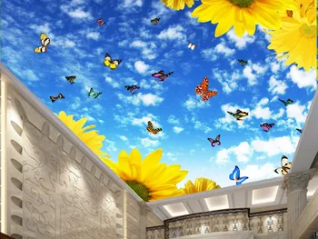 1808 Kelebekler Uçan Mavi Gökyüzü Krizantem Baskı PVC gergi tavan Filmi Ev dekorasyon İçin