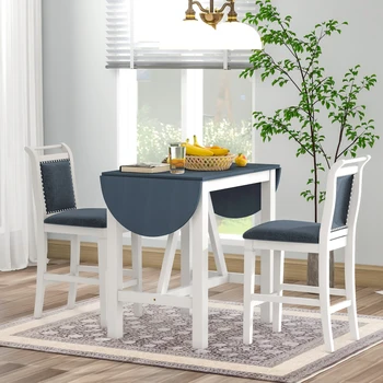 Küçük yer için 2 döşemeli Yemek Sandalyesi ile 3 parçalı ahşap Tezgah Yüksekliği Damla yaprak yemek Masası Seti, Beyaz