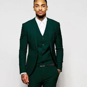 Slim fit uzun kollu erkek gömlek Takım Elbise Koyu Yeşil Doruğa Yaka 3 Parça Düğün Groomsmen Smokin Erkek Moda Ceket Pantolon Yelek Balo Kıyafetleri
