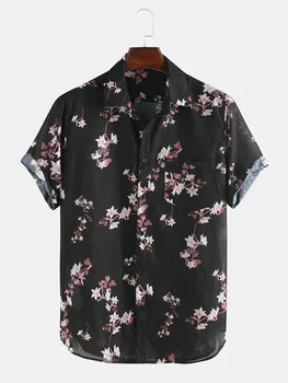Erkek Yaka Mürekkep Boyama Erik Çiçeği Baskı Düğmesi Kısa Kollu Gömlek Erkekler için Casual Streetwear Vintage Gömlek Yaz