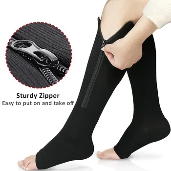 Fermuar varis çorabı 15-20 mmHg Diz Yüksek Zip Bacak Desteği Çorap Kadınlar ve Erkekler Bisiklet Koşu Bakır Burnu açık Uzun Çorap