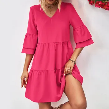 Kadın yaz elbisesi 2023 Moda Rahat Yarım Kollu V Boyun Çift Katmanlı Çan Kollu Elbise Bayan Lüks Mini Elbise Ücretsiz Kargo