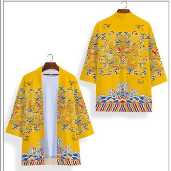 Adam Çin Tarzı Sarı Ejderha Baskı Hırka Kimono Ceket Erkekler Harajuku Streetwear Samurai Yukata Haori Obi Giysileri