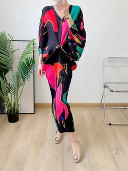 Miyake issey Miyake Pilili Yarasa Kollu Vintage Baskılı kadın Elbise 2022 İlkbahar Sonbahar Yeni V Yaka Uzun Büyük Boy Elbise