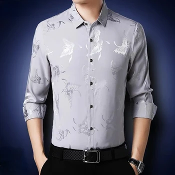 Kore Giyim Moda Erkekler Uzun Kollu Pürüzsüz Gömlek İlkbahar Sonbahar Yeni Streetwear Casual Gevşek Sosyal İş Gümüş Üstleri 2023