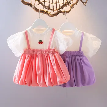 2023 Yeni Varış Çocuk Giysileri Bebek Kız yaz elbisesi 0-4 Yıl Çocuk Giyim Katı Etek