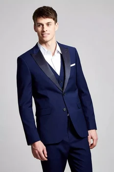 Koyu Mavi Blazer Pantolon Erkek Takım Elbise 3 Adet Ceket Pantolon Yelek Akşam Yemeği Parti Giyim Düğün Giyim Kostüm Homme Custom Made Kıyafet