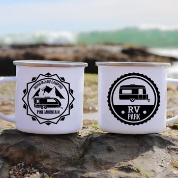 RV Park Kupa Emaye Plaj Kamp Ateşi Mevcut Hawaii Dekor Emaye Kupa Plaj California İçecek Suyu Su Kakao Süt Kahve Fincanı