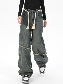Şalvar Kot Kadın yüksek belli kot pantolon İpli Geniş Bacak Pantolon Streetwear Moda Patchwork Bahar Düz Y2k Kot