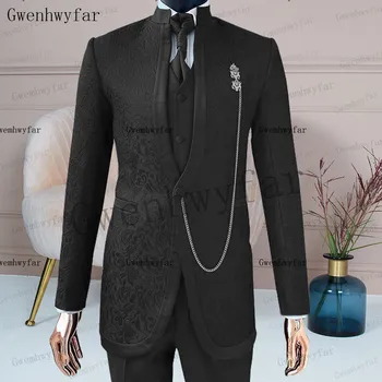 Gwenhwyfar Moda Erkek Takım Elbise Tek Göğüslü 3 Adet Ceket Yelek pantolon seti Afrika Damat Düğün Standı Yaka Smokin Resmi