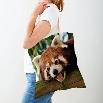 Sevimli Kırmızı Panda Kadın Tuval alışveriş çantası Yeniden Kullanılabilir Her İki Taraflı Katlanabilir Kız Çanta Vahşi Hayvan Bayan Seyahat Omuz