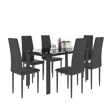 [Flash Sale]7 Parça yemek masası Sandalye Seti 1 Cam yemek masası 6 PU Sandalye için Ideal Mutfak Yemek Odası [US-W]