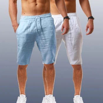 2023 Yaz Yeni Erkek Pamuk Keten Şort Pantolon Erkek Nefes Düz Renk Keten Pantolon Adam Streetwear