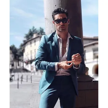 2023 Yeni Moda Erkekler Düğün Göl Mavi Çentikli Yaka Takım Elbise İş Rahat Resmi Kostüm Homme Slim Fit 2 adet Set Ceket Pantolon