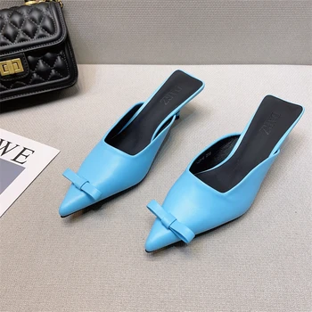 Yazlık terlik Ayakkabı Kadınlar İçin Yüksek Topuk Mavi Zarif Kelebek Düğüm Bayan Ayakkabıları Moda Terlik Üzerinde Kayma 2023 lüks Sandalet
