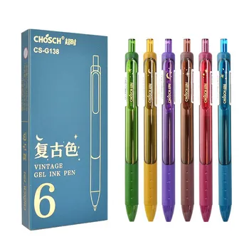6 Adet Vintage Renk Jel Kalem Seti Hızlı Kuru 0.5 mm Bağlayıcı Klip Yumuşak Kauçuk Kavrama Mermi Ucu Retro Kalemler Yazma Malzemeleri Kırtasiye