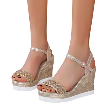 Gümüş Burnu açık Ayakkabı Payetli Sandalet Kadın Yaz Rahat Peep Toe Sandalet Kalın Alt Kama Ayakkabı Zarif yüksek topuklu sandalet