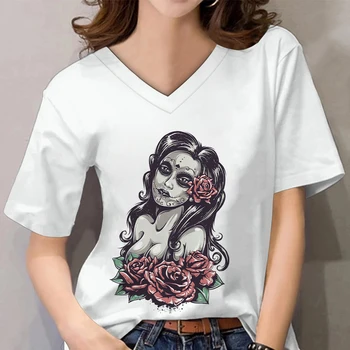 Yaz kadın T-Shirt Meksika Ölü Giyim Kafatası Grafik 3d T-Shirt Yeni Moda Streetwear V Boyun Büyük Boy Giyim