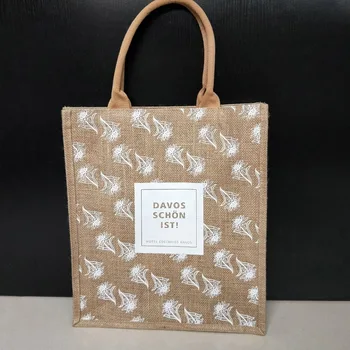 Özel Tam Kapak Baskı Marka Logo Baskılı Jüt Alışveriş Çantası Çevre Dostu Biyobozunur Ahşap Keten Tote-Saplı çanta
