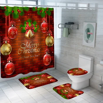 Noel Şenlikli Banyo Seti Su Geçirmez Polyester Duş Perdesi kaymaz Nem geçirmez Mat Ücretsiz Delikli Bölme Perde