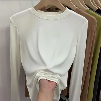 Yüksek Elastik Pamuk 2022 Sonbahar Kış Yeni Uzun Kollu Dip Gömlek kadın T Shirt İnce Düz Renk Tüm Maç Üst