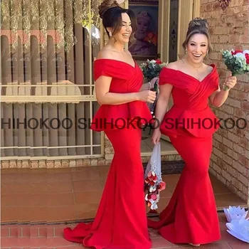 Kırmızı Uzun Mermaid gelinlik modelleri Peplum kadınlar için açık omuzlu Örgün Düğün Parti Elbise Robe De Soiree De Mariage
