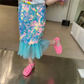 Yaz Prenses Tutu Etekler Çocuk Yarım Elbise Mini Etek Mavi Denizkızı Çocuklar Plaj Elbise Sequins Tül Etekler Bebek Kızlar için