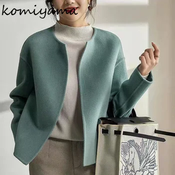 Komiyama Moda Katı O Boyun Palto Vintage Zarif Kadın Ceketler Sonbahar Kış Uzun Kollu Ceket Rahat Tüm Maç Kıyafetler