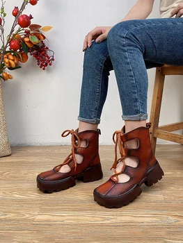Yeni Hakiki Deri Hollow Out kısa çizmeler Kadınlar İçin Yaz Çizmeler Kare Ayak Platformu Çizmeler Kapalı Ayak Sandalet Bayan Ayakkabıları