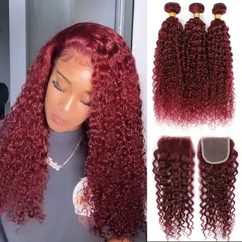 99j Bordo kıvırcık insan saçı Kapatma ile 3/4 Demetleri İnsan Saçı Kırmızı Renkli Su okyanus dalgalı saç uzantıları Siyah Kadınlar İçin