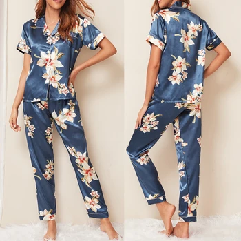 Kadın Saten Pijama Baskılı Uyku Üstleri ve pantolon seti Pijama Düğmeleri İle 2 ADET PJS Takım Elbise Kısa Kollu Pijama Yaz Kıyafeti