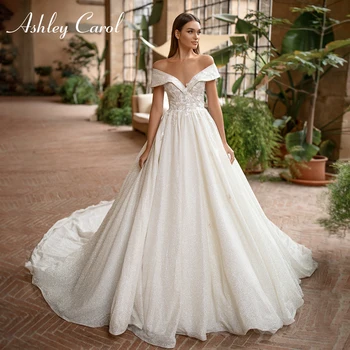 Ashley Carol Parlayan A-Line düğün elbisesi 2022 Göz Alıcı Sevgiliye Kapalı Omuz Gelin Backless Vintage Dantel gelinlikler