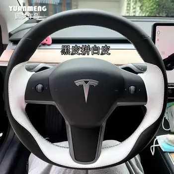 El Dikişli Kaymaz Siyah beyaz Deri Araba direksiyon kılıfı Tesla Modeli 3 2017 2018 2019 2020