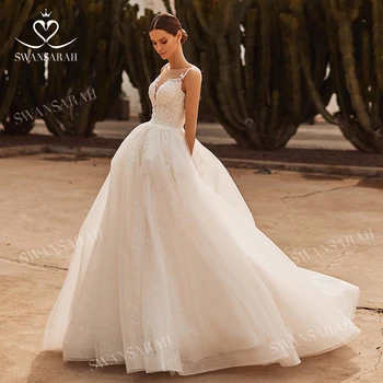 SwanSarah Kolsuz düğün elbisesi 2023 Şık V Yaka Parlak Düğme A-Line Mahkemesi Tren Prenses Gelin Törenlerinde NO02 Vestido De Novia