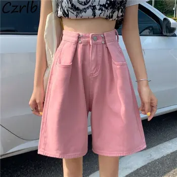 Kot şort Kadın Gevşek Yüksek Bel Streetwear Yaz Vintage Moda Kız Öğrenciler Rahat Basit Kore Tarzı Ins Tüm Maç Günlük