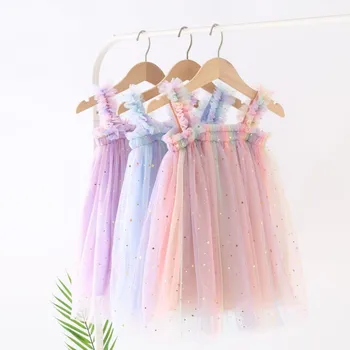 Kız çocuk yaz elbisesi Gökkuşağı Doğum Günü Partisi Prenses Elbise Çocuk Örgü Kız Düğün Tutu Peri Elbiseler Vestidos