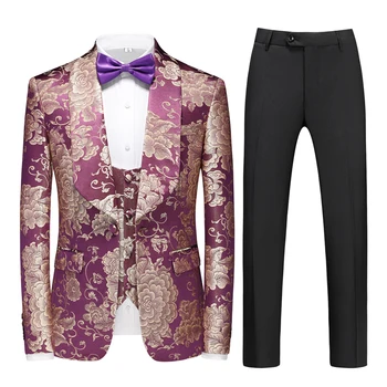 Moda Lüks Erkekler Düğün Takım Elbise 3 Parça Klasik İş Ziyafet Parti Jakarlı Elbise erkek Blazers Ceket ve Pantolon ve Yelek