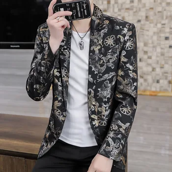 Kore Versiyonu Rahat Artı Boyutu Takım Elbise erkek Ceket Gençlik Yakışıklı Tek Düğme İnce Blazer Tops Kaju Çiçek Baskı Ceket Takım Elbise
