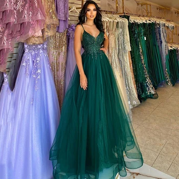 Eightree Resmi A-Line Akşam balo kıyafetleri V Yaka Süpürgelik Aplikler Tül Elbise Suudi Arabistan Kokteyl Parti Törenlerinde Özel Boyut