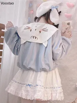 Japon Kawaii Lolita Kadife Ceket Kadın Tatlı Sevimli Kedi Denizci Yaka Yay Dantel-Up Kısa Ceketler Öğrenci Girly Giyim Tops