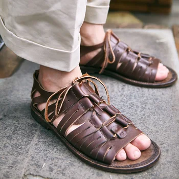 Moda Yüksek Kalite Yeni Erkek Hakiki Deri Örgü Manuel Sandalet Çile Lace Up İnek Derisi Kore Tarzı Vintage Rahat Sandalet